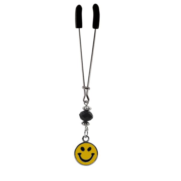 Tweezer - Chrome with Smilie Face Charm & Black Bead includes organza gift storage bag