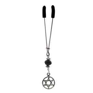 Clit Clamp - Tweezer - Chrome - with Star of David Charm & Green Bead includes organza gift storage bag