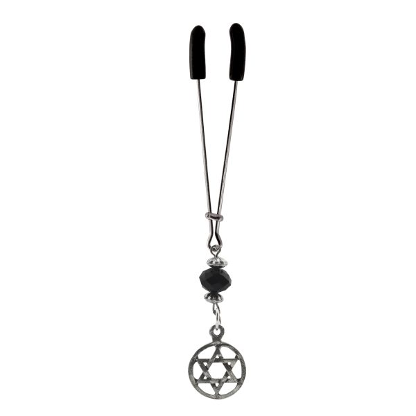 Clit Clamp - Tweezer - Chrome - with Star of David Charm & Green Bead includes organza gift storage bag