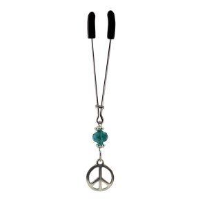 Tweezer - Chrome with Peace Sign Face Charm & Green Bead includes organza gift storage bag