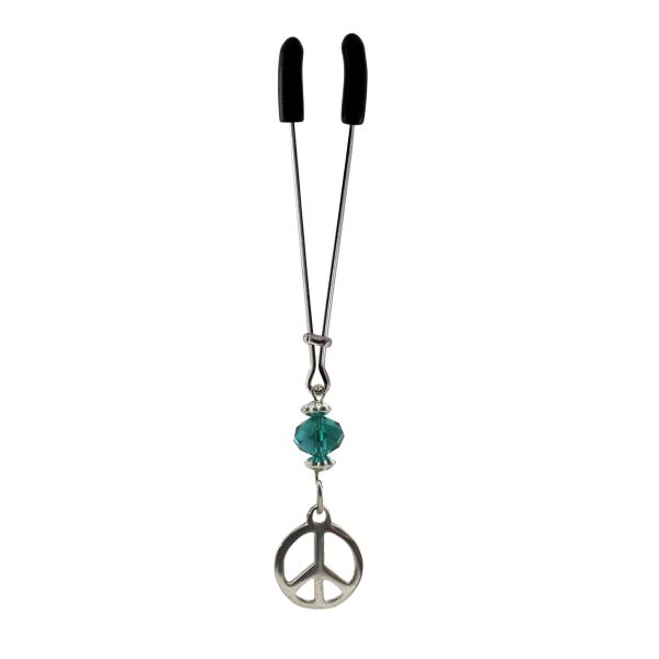 Tweezer - Chrome with Peace Sign Face Charm & Green Bead includes organza gift storage bag