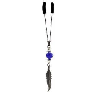 Clit Clamp - Tweezer - Chrome with Feather Charm & Blue Bead includes organza gift storage bag