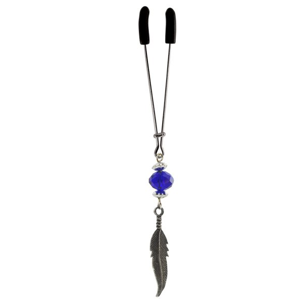Clit Clamp - Tweezer - Chrome with Feather Charm & Blue Bead includes organza gift storage bag