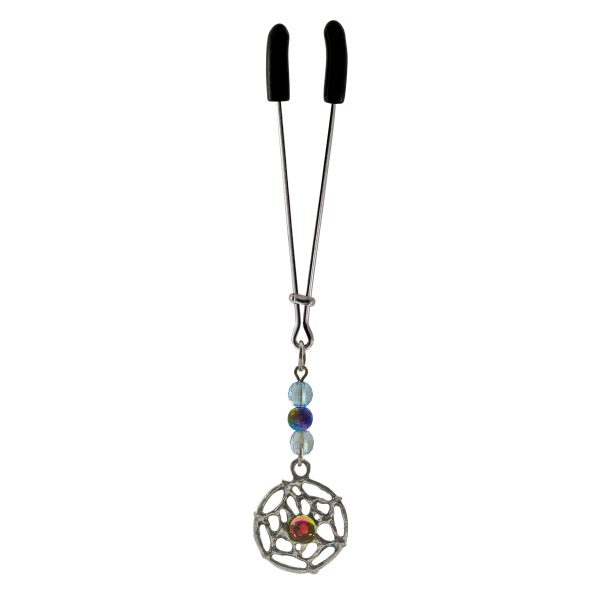 Clit Clamp - Tweezer - Chrome with Dream Catcher Charm & Beads includes organza gift storage bag