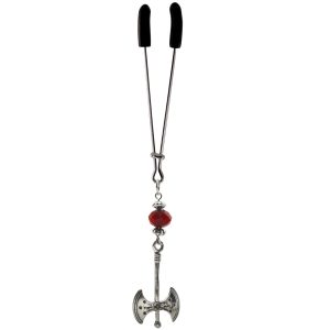 Clit Clamp - Tweezer - Chrome with Labrys Charm & Red Bead includes organza gift storage bag