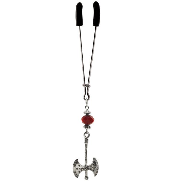 Clit Clamp - Tweezer - Chrome with Labrys Charm & Red Bead includes organza gift storage bag
