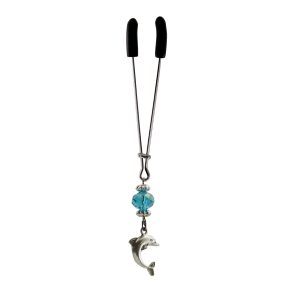 Clit Clamp - Tweezer - Chrome with Dolphin Charm & Blue Bead includes organza gift storage bag