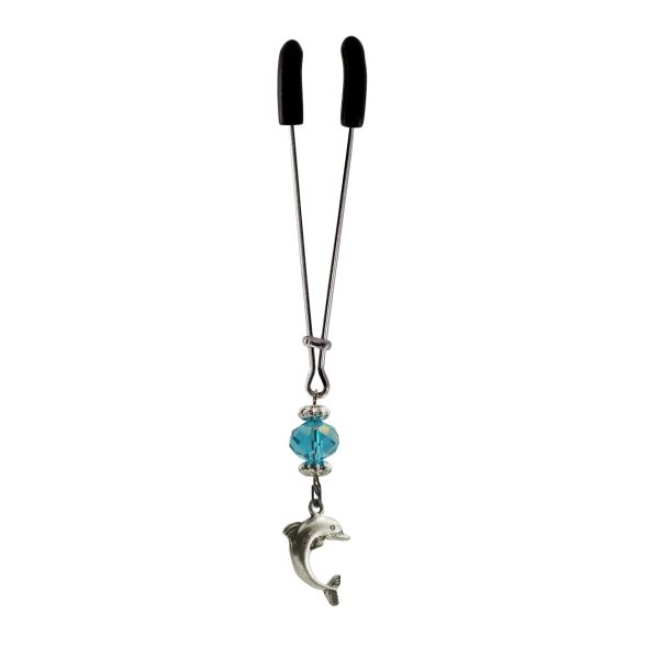 Clit Clamp - Tweezer - Chrome with Dolphin Charm & Blue Bead includes organza gift storage bag