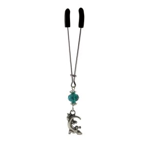 Clit Clamp - Tweezer - Chrome with Gecko Charm & Green Bead includes organza gift storage bag