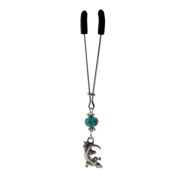 Clit Clamp - Tweezer - Chrome with Gecko Charm & Green Bead includes organza gift storage bag