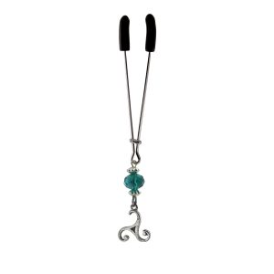 Clit Clamp - Tweezer - Chrome with Celtic Charm & Green Bead includes organza gift storage bag
