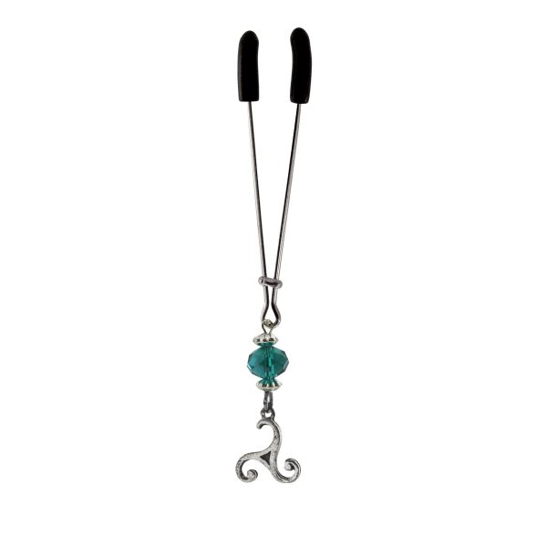 Clit Clamp - Tweezer - Chrome with Celtic Charm & Green Bead includes organza gift storage bag