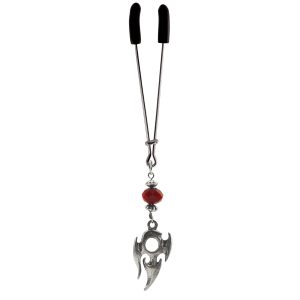 Clit Clamp - Tweezer - Chrome with Tribal Charm & Red Bead includes organza gift storage bag