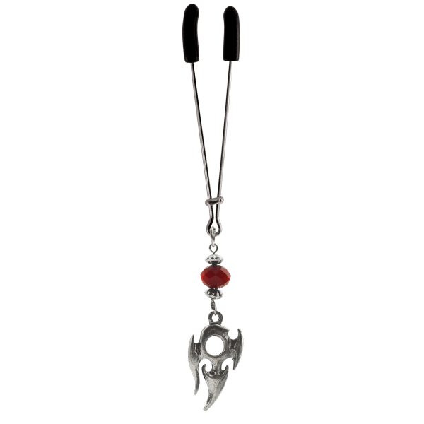 Clit Clamp - Tweezer - Chrome with Tribal Charm & Red Bead includes organza gift storage bag
