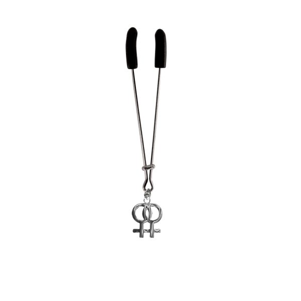 Clit Clamp - Tweezer - Chrome with Double Female Charm includes organza gift storage bag