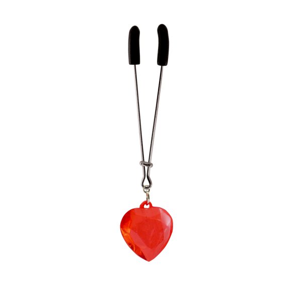 Clit Clamp - Tweezer - Chrome with Lg Red Heart Charm includes organza gift storage bag