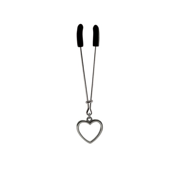 Clit Clamp - Tweezer - Chrome with Silver Heart Charm includes organza gift storage bag