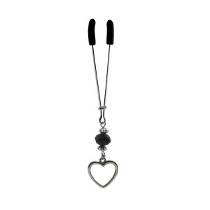Clit Clamp - Tweezer - Chrome with Silver Heart Charm & Black Bead includes organza gift storage bag
