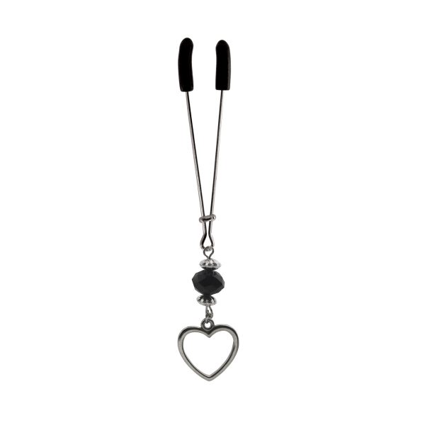 Clit Clamp - Tweezer - Chrome with Silver Heart Charm & Black Bead includes organza gift storage bag