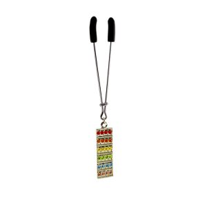Clit Clamp - Tweezer - Chrome with Rainbow Charm includes organza gift storage bag