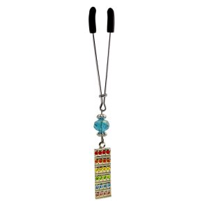 Clit Clamp - Tweezer - Chrome with Rainbow Charm & Blue Bead includes organza gift storage bag