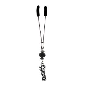 Clit Clamp - Tweezer - Chrome with Queen Charm & Black Bead includes organza gift storage bag