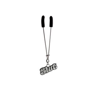 Clit Clamp - Tweezer - Chrome with Slut Charm includes organza gift storage bag