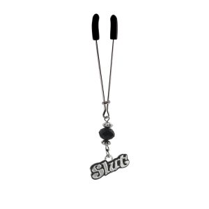 Clit Clamp - Tweezer - Chrome with Slut Charm & Black Bead includes organza gift storage bag