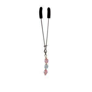 Clit Clamp - Tweezer - Chrome with Pink & Blue Beads includes organza gift storage bag