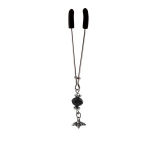 Clit Clamp - Tweezer - Chrome W/Bee Charm & Black Bead includes organza gift storage bag