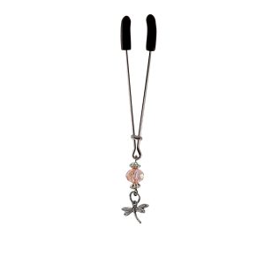 Clit Clamp - Tweezer - Chrome W/Dragonfly Charm & Pink Bead includes organza gift storage bag