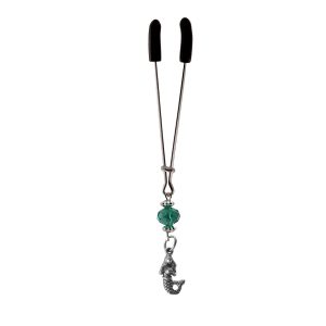 Clit Clamp - Tweezer - Chrome W/Mermaid Charm & Turquoise Bead includes organza gift storage bag