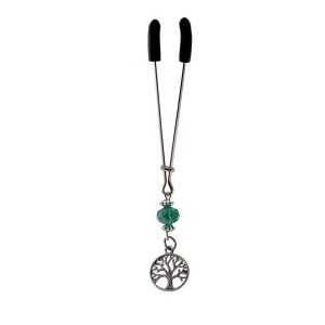 Clit Clamp - Tweezer - Chrome W/Tree of Life Charm & Turquoise Bead includes organza gift storage bag