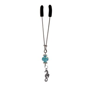 Clit Clamp - Tweezer - Chrome W/Sea Horse Charm and Blue Bead includes organza gift storage bag