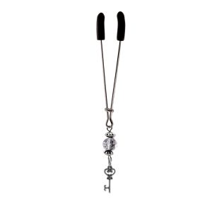 Clit Clamp - Tweezer - Chrome W/Key Charm & Silver Bead includes organza gift storage bag