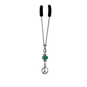 Clit Clamp - Tweezer - Chrome W/Peace Sign Charm and Turquoise Bead includes organza gift storage bag