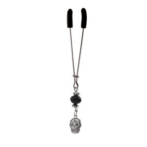 Clit Clamp - Tweezer - Chrome W/Day of the Dead Charm and Black Bead includes organza gift storage bag