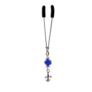 Clit Clamp - Tweezer - Chrome W/Fleur de Lis Charm and Dark Blue Bead includes organza gift storage bag
