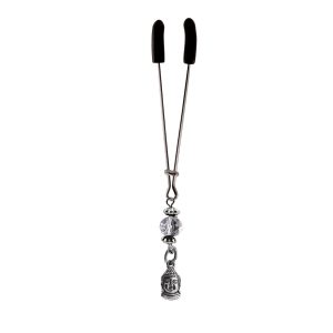 Clit Clamp - Tweezer - Chrome W/Buddha Charm and Silver Bead includes organza gift storage bag