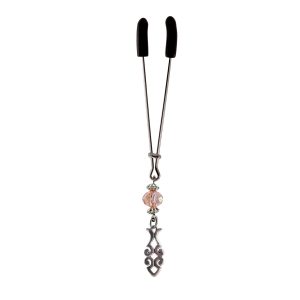 Clit Clamp - Tweezer - Chrome W/Scroll Charm and Pink Bead includes organza gift storage bag