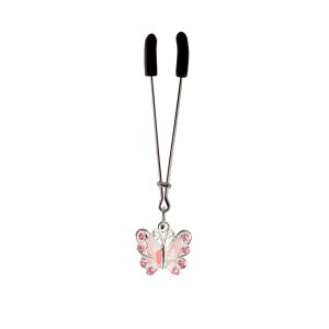 Pink Butterfly Charm on Chrome Tweezer Clit Clamp includes organza gift storage bag