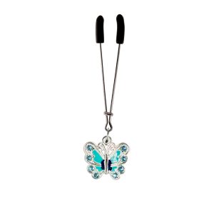 Blue Butterfly Charm on Chrome Tweezer Clit Clamp  includes organza gift storage bag