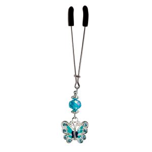 Blue Butterfly Charm on Chrome Tweezer Clit Clamp with Blue Faceted Bead  includes organza gift storage bag