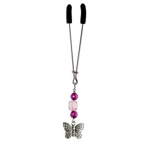 Silver Butterfly Charm on Chrome Tweezer Clit Clamp with Pink & Purple Faceted Beads  includes organza gift storage bag
