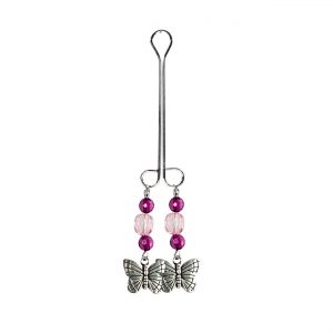 Silver Butterfly Charm on Double Loop "Cleopatra" Clit Clamp with Pink & Purple Facted Beads  includes organza gift storage bag