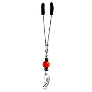 Silver Bitch Charm on Chrome Tweezer Clit Clamp with Black & Red Beads  includes organza gift storage bag