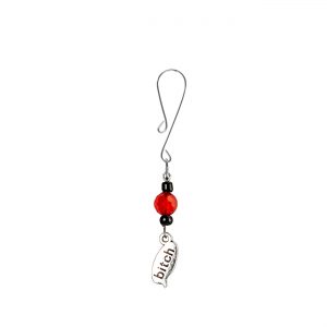 Silver Bitch Charm on Curl Loop Clit Clamp with Black & Red Beads  includes organza gift storage bag