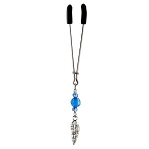 Silver Shell Charm on Chrome Tweezer Clit Clamp with Blue Faceted Beads  includes organza gift storage bag