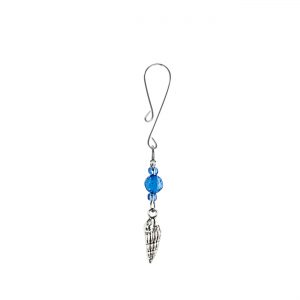 Silver Shell Charm on Curl Loop Clit Clamp with Blue Faceted Beads  includes organza gift storage bag