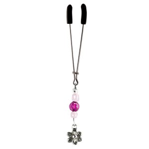 Silver Flower Charm on Chrome Tweezer Clit Clamp with Purple Faceted Beads  includes organza gift storage bag